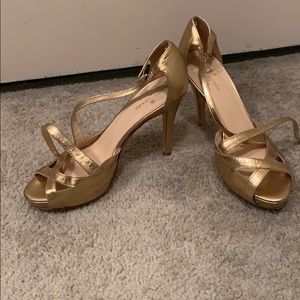 Kate Spade cross cross gold platform peep toe